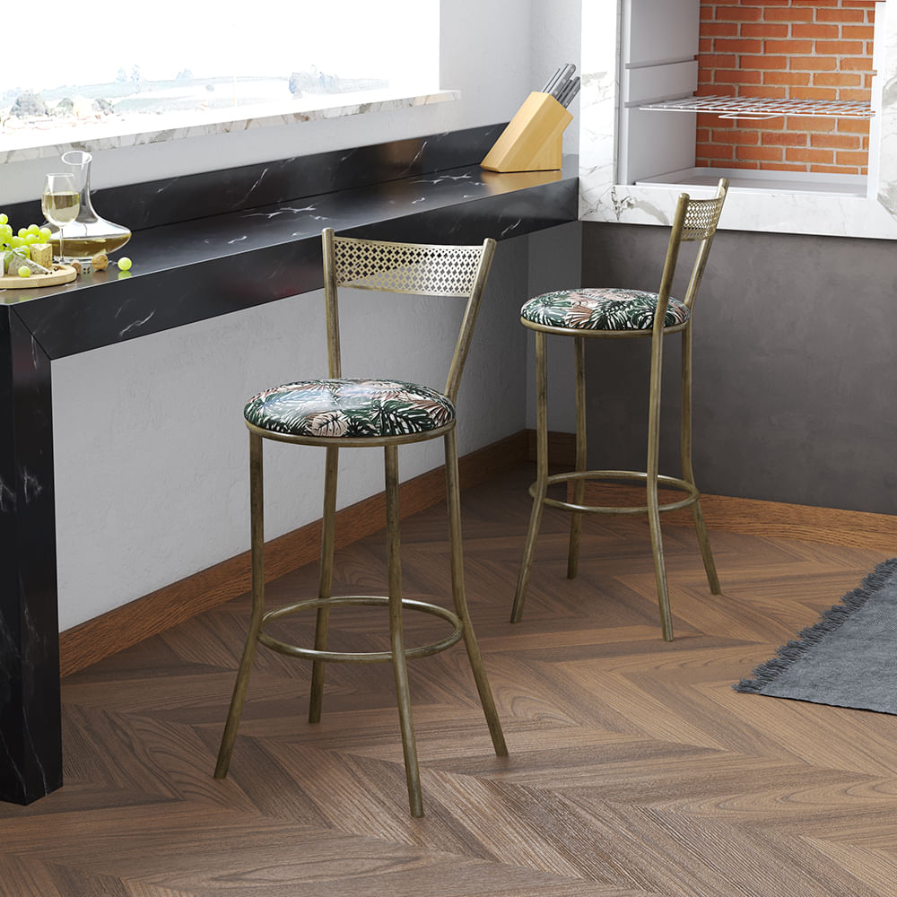 Banqueta Dourada Em Aço Sofia Floral Costela De Adão Verde