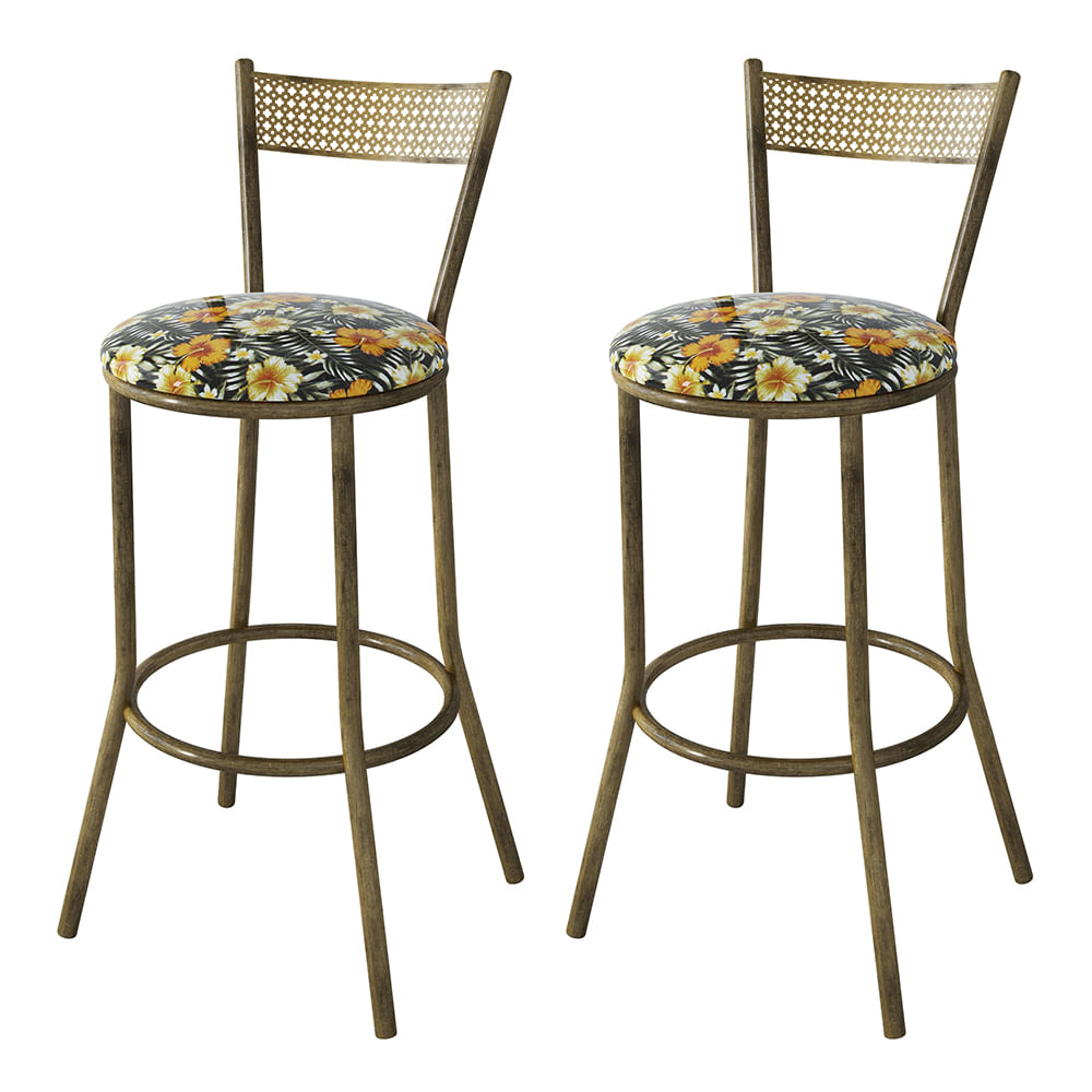 Kit 2 Banquetas Em Aço Sofia Floral Hibisco Amarelo