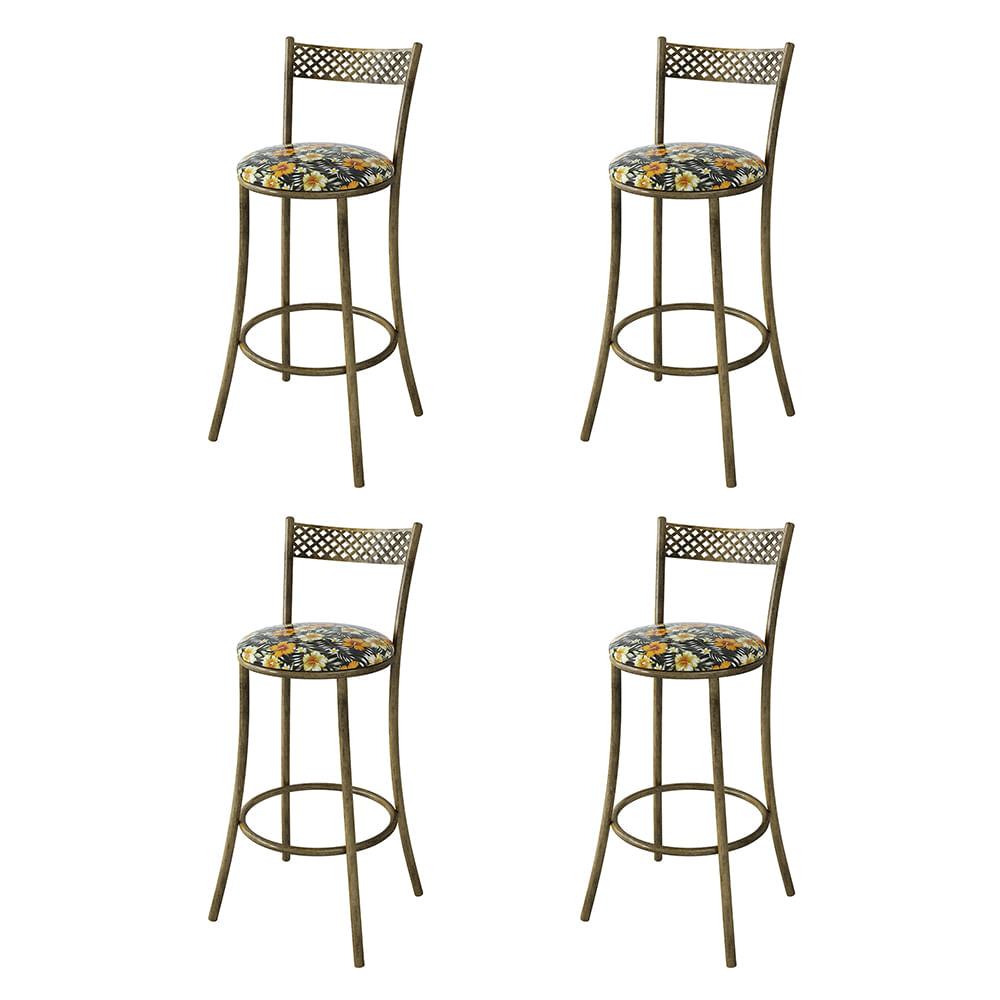 Kit 4 Banquetas Em Aço E Junco México Floral Hibisco Amarelo