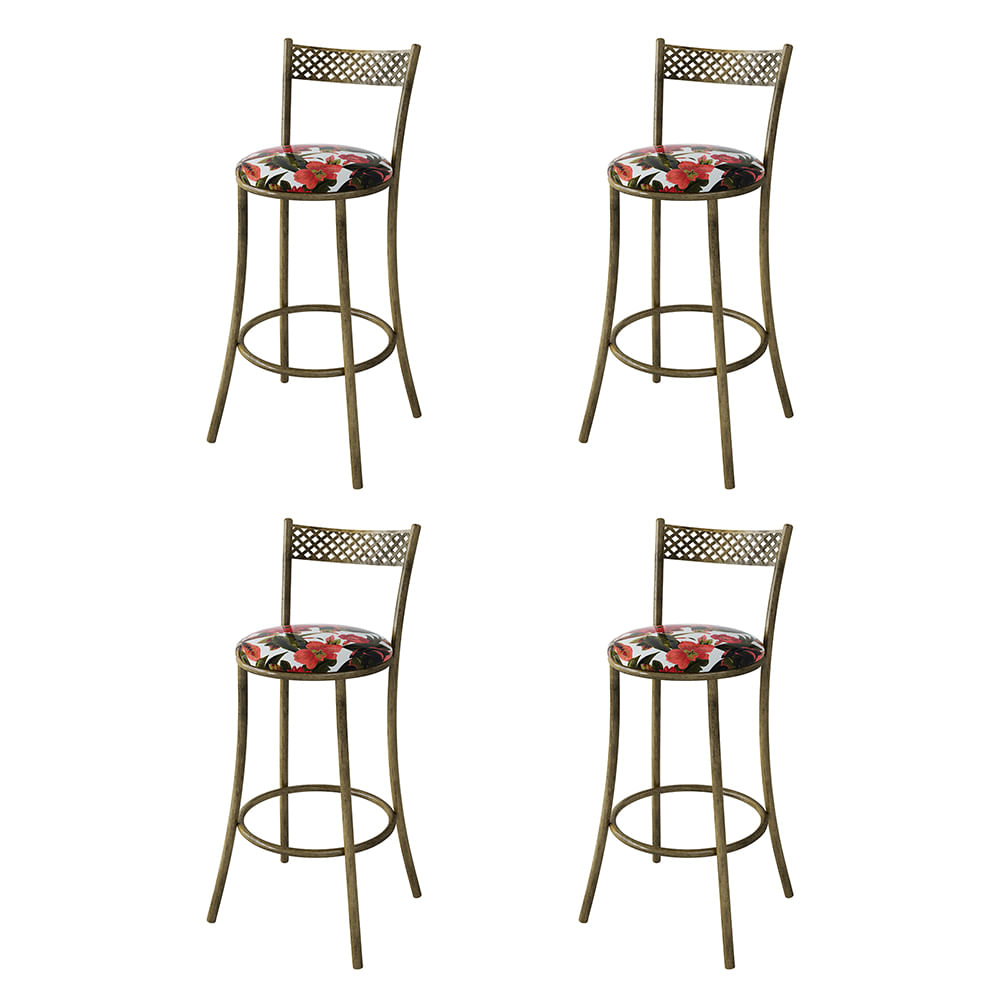 Kit 4 Banquetas Em Aço E Junco México Floral Bromelia Vermelha