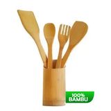 Kit 2 Jogo De Talheres Em Bambu 5 Pçs Suporte Porta Talheres