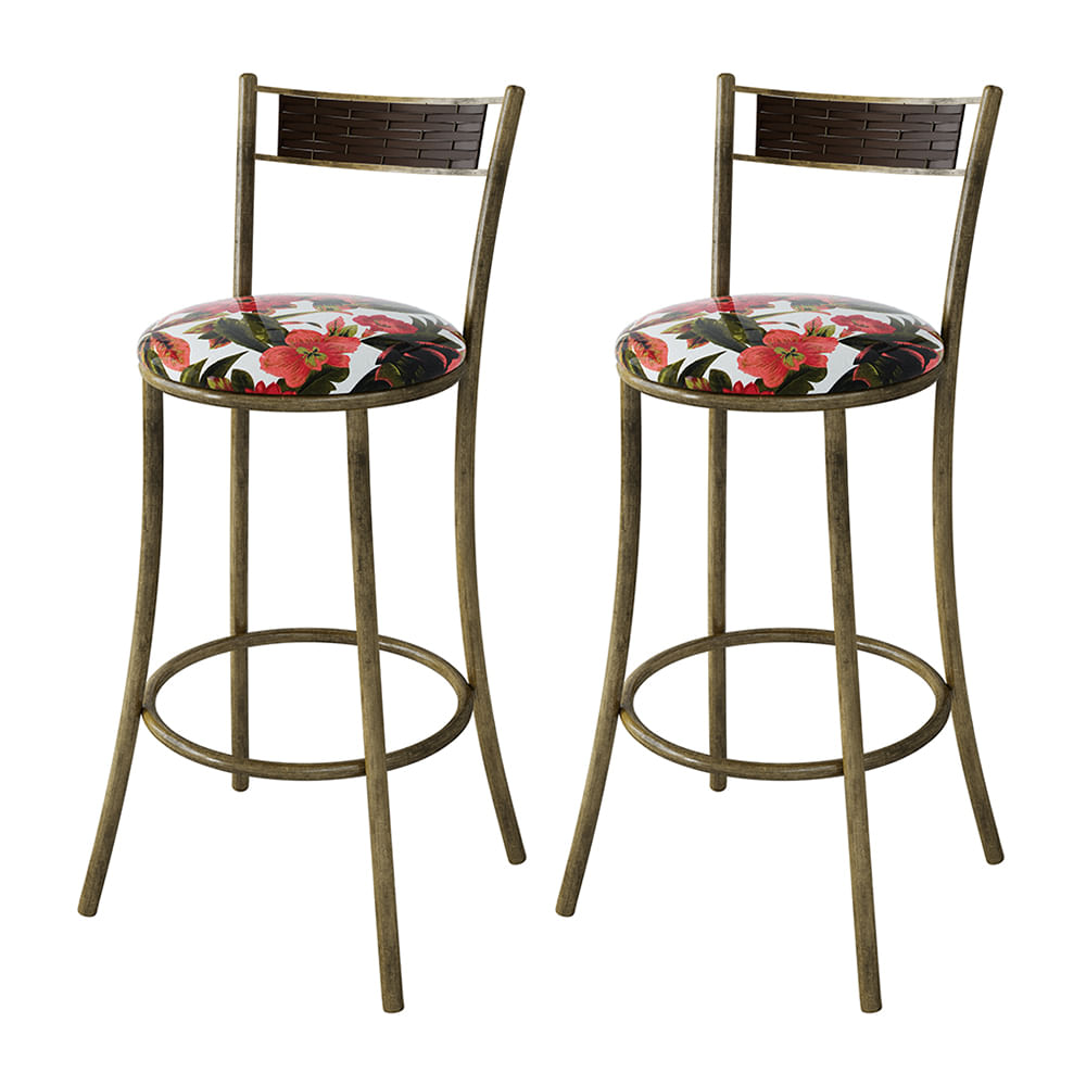 Kit 2 Banquetas Em Aço E Junco Pequim Floral Bromelia Vermelha
