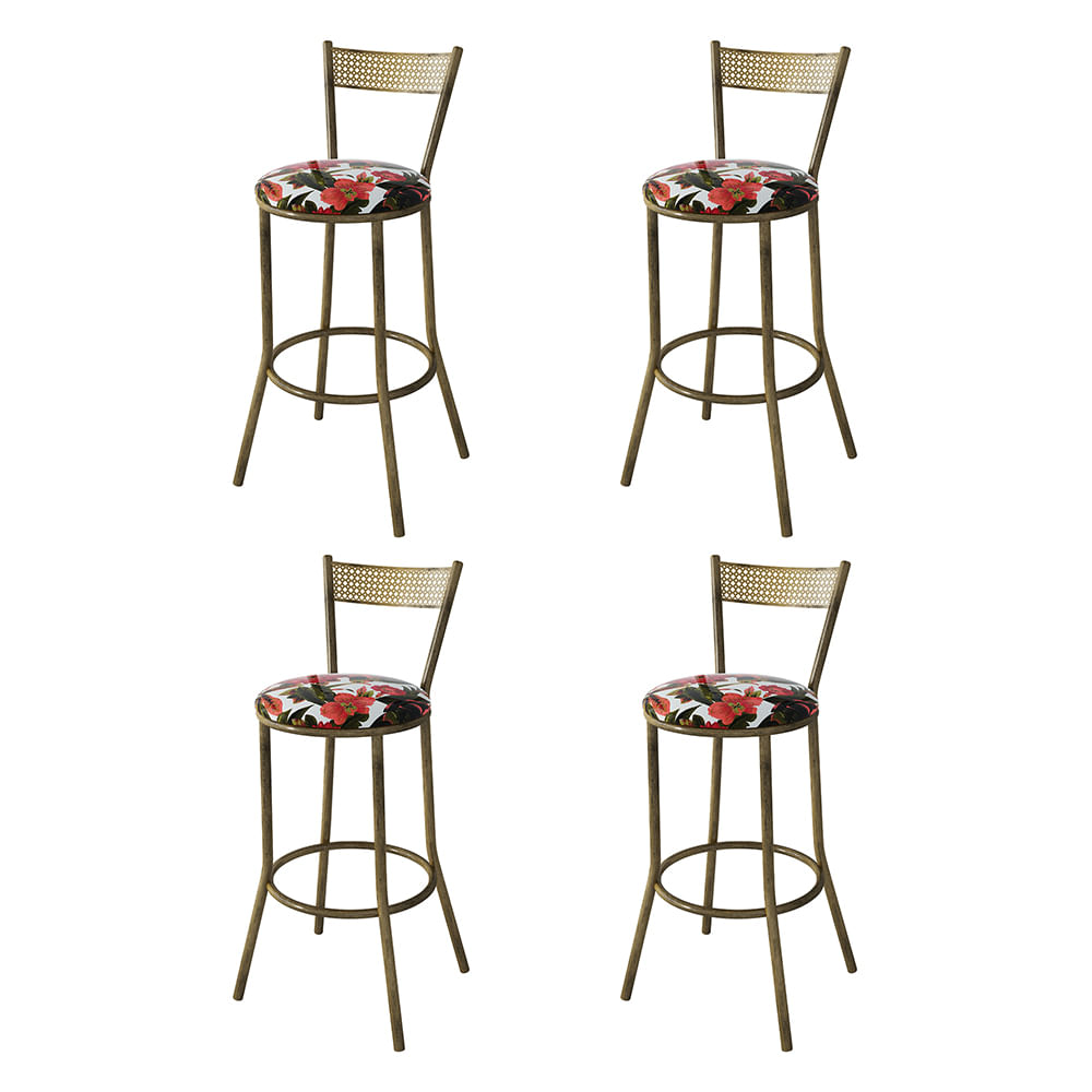 Kit 4 Banquetas Em Aço Sofia Floral Bromelia Vermelha