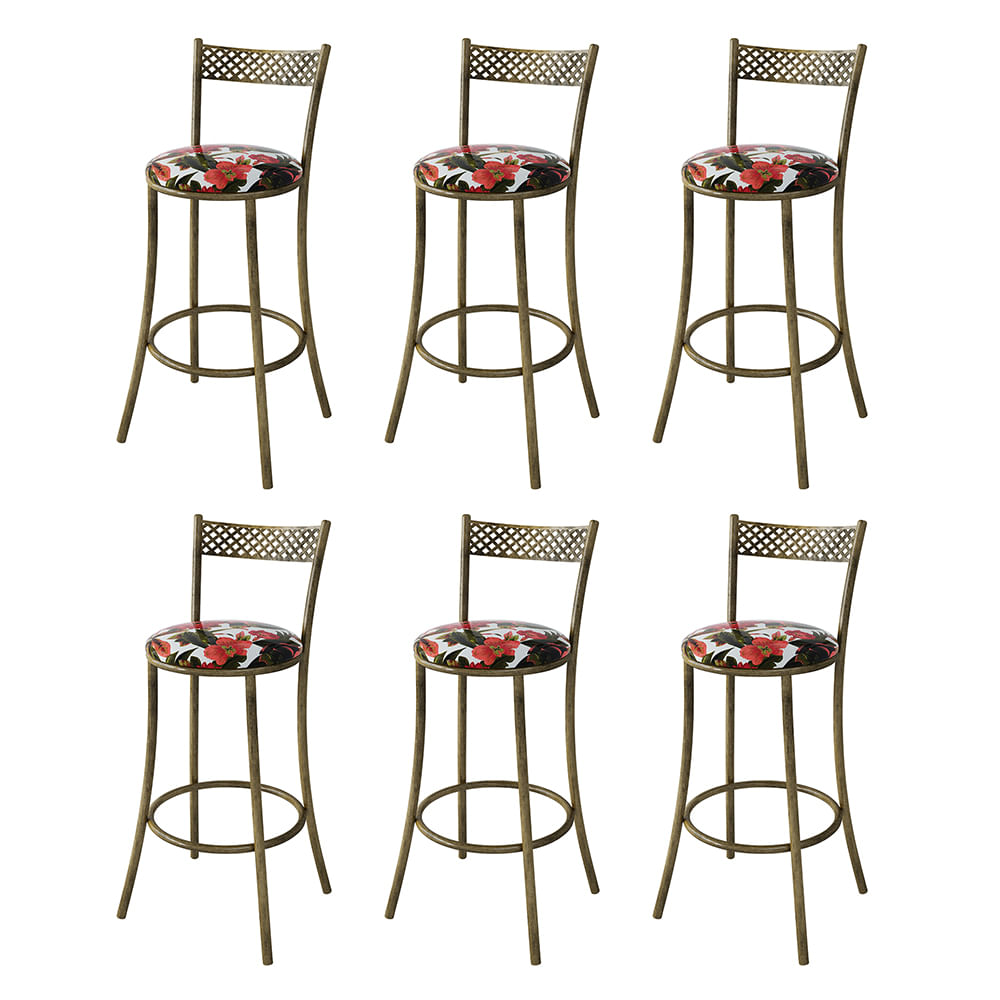 Kit 6 Banquetas Em Aço E Junco México Floral Bromelia Vermelha