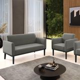 Conjunto Poltrona E Namoradeira Decorativa Pés Fixo Em Madeira Preto Suede Grafite