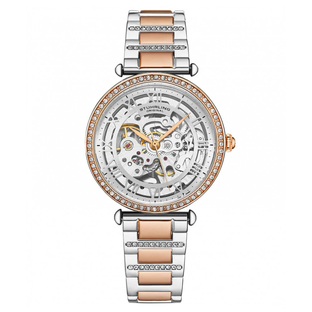 Relógio De Pulso Luxe Legacy 4023 Automático 38mm Skelton, Prata E Rosa, Com Pulseira De Dois Tons E Moldura Rosa, Da Stuhrling