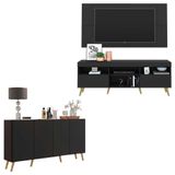 Conjunto Sala De Estar Rack + Painel Tv 65" E Aparador Retrô Sofia Multimóveis Preto/natural