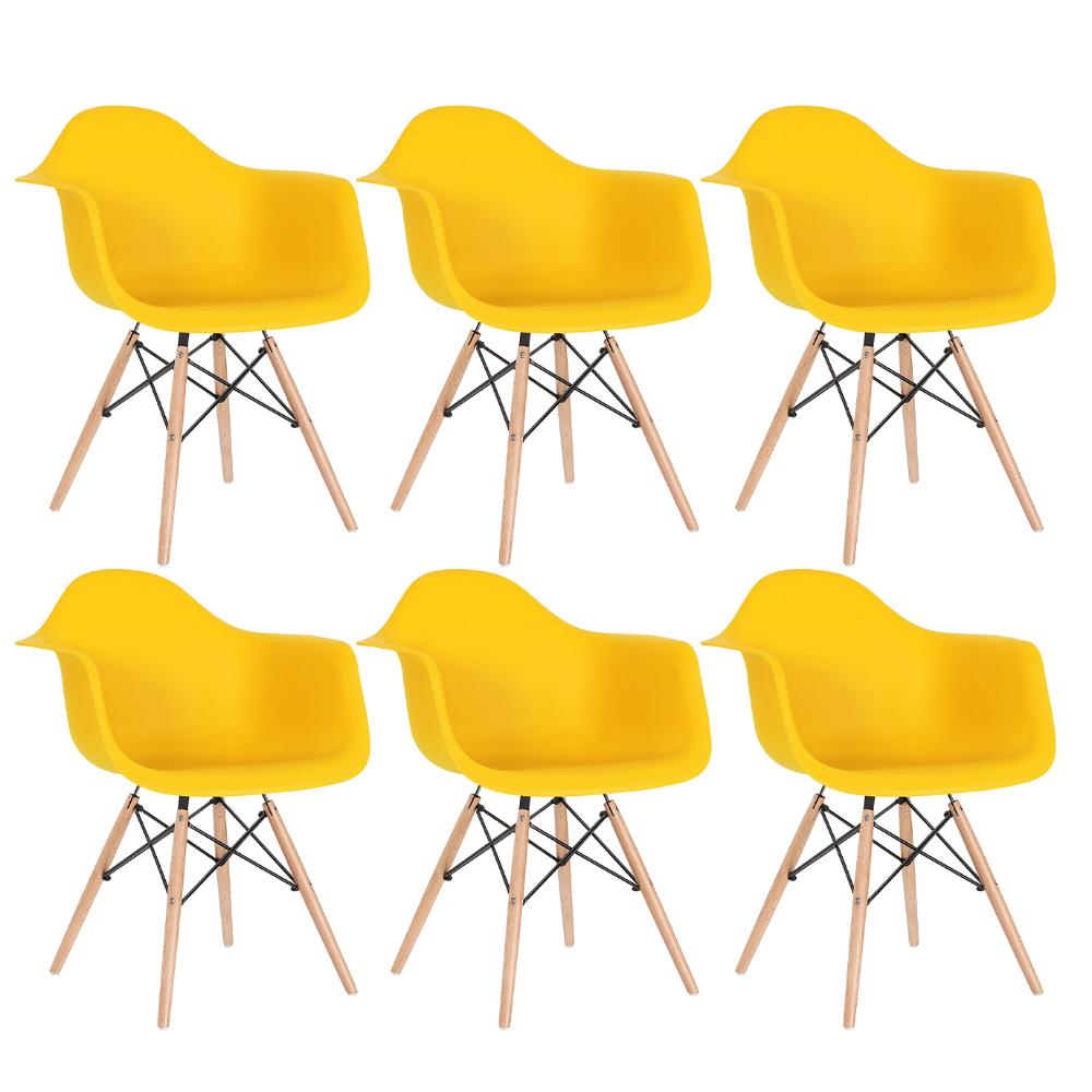 Kit - 6 X Cadeiras Charles Eames Eiffel Daw Com Braços - Base De Madeira Clara - Amarelo