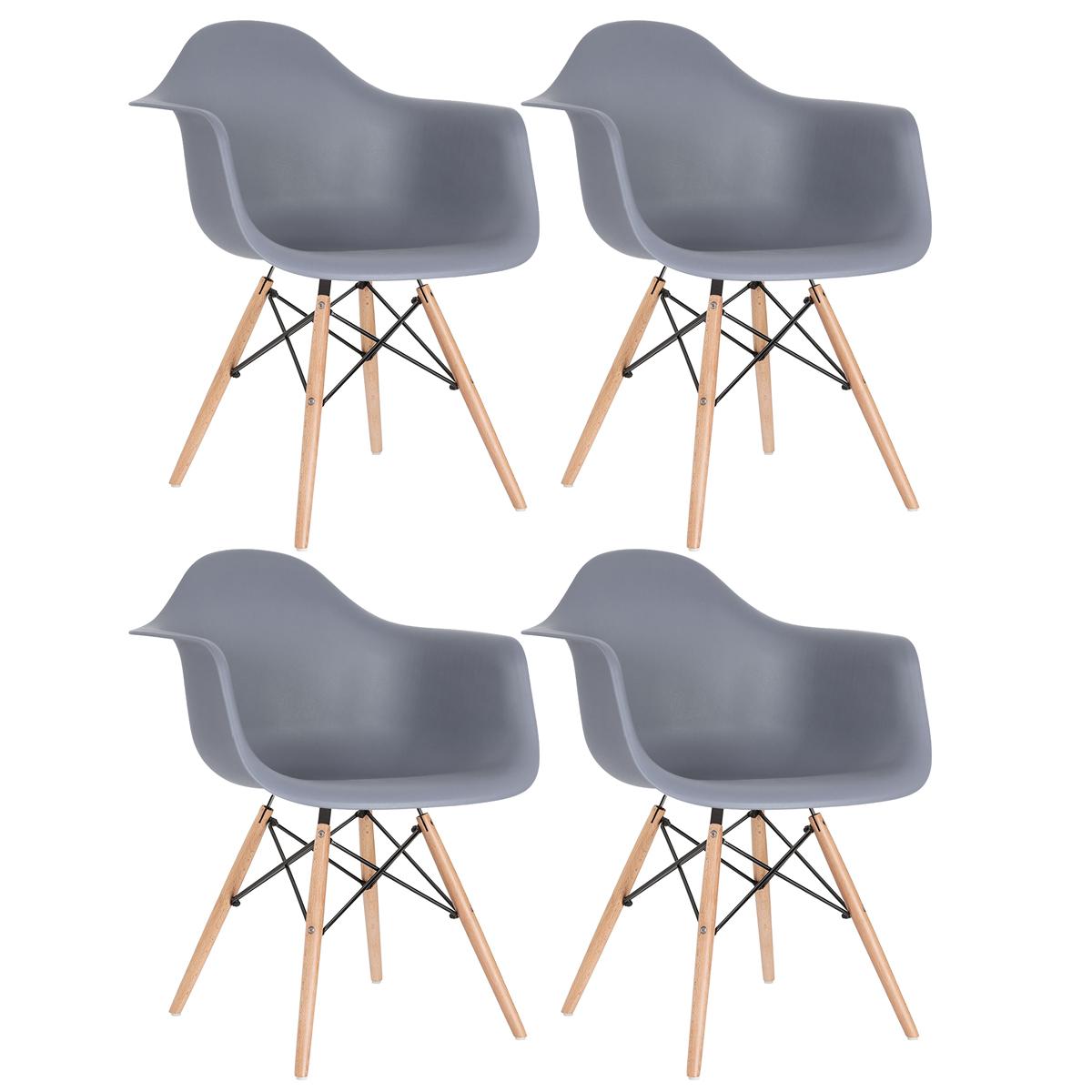 Kit - 4 X Cadeiras Charles Eames Eiffel Daw Com Braços - Base De Madeira Clara - Cinza Escuro