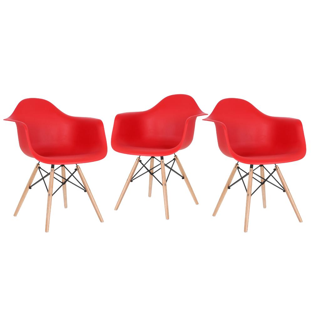 Kit - 3 X Cadeiras Charles Eames Eiffel Daw Com Braços - Base De Madeira Clara - Vermelho