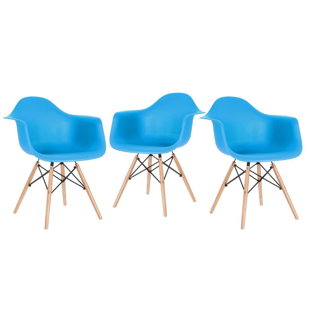 Kit - 3 X Cadeiras Charles Eames Eiffel Daw Com Braços - Base De Madeira Clara - Azul Céu