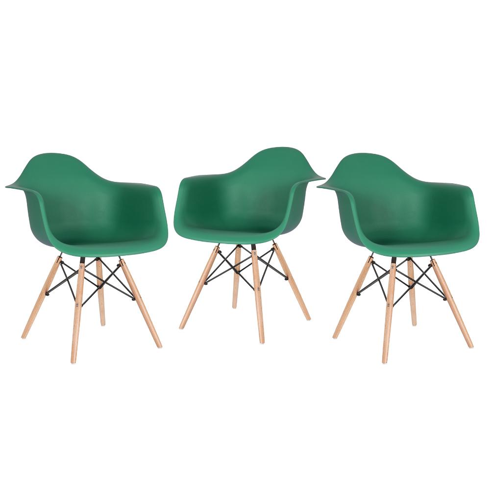 Kit - 3 X Cadeiras Charles Eames Eiffel Daw Com Braços - Base De Madeira Clara - Verde Escuro