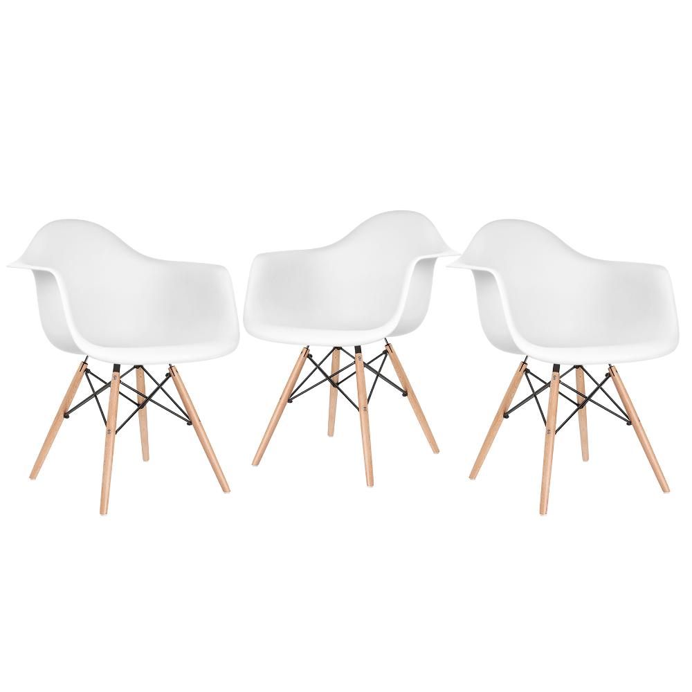 Kit - 3 X Cadeiras Charles Eames Eiffel Daw Com Braços - Base De Madeira Clara - Branco