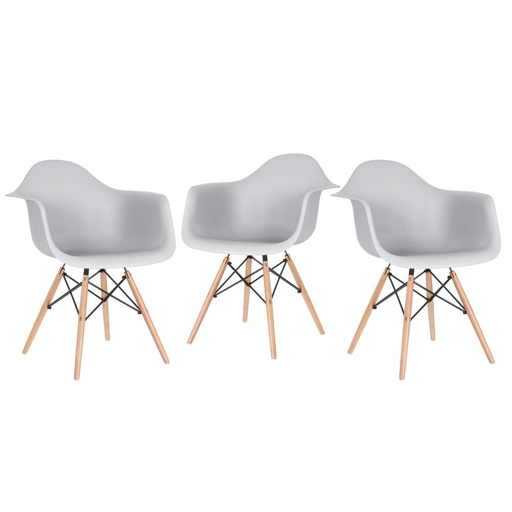 Kit - 3 X Cadeiras Charles Eames Eiffel Daw Com Braços - Base De Madeira Clara - Cinza Claro