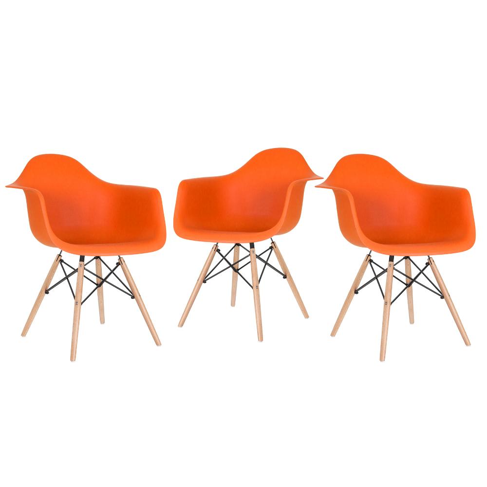 Kit - 3 X Cadeiras Charles Eames Eiffel Daw Com Braços - Base De Madeira Clara - Laranja