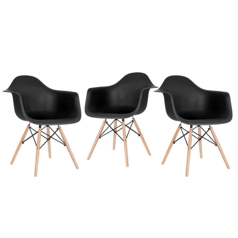 Kit - 3 X Cadeiras Charles Eames Eiffel Daw Com Braços - Base De Madeira Clara - Preto