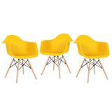 Kit - 3 X Cadeiras Charles Eames Eiffel Daw Com Braços - Base De Madeira Clara - Amarelo