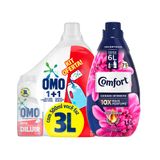 Kit Sabão Líquido Concentrado Omo p/ Diluir 500ml + Amaciante Concentrado Comfort Fiber Protect 1.5L