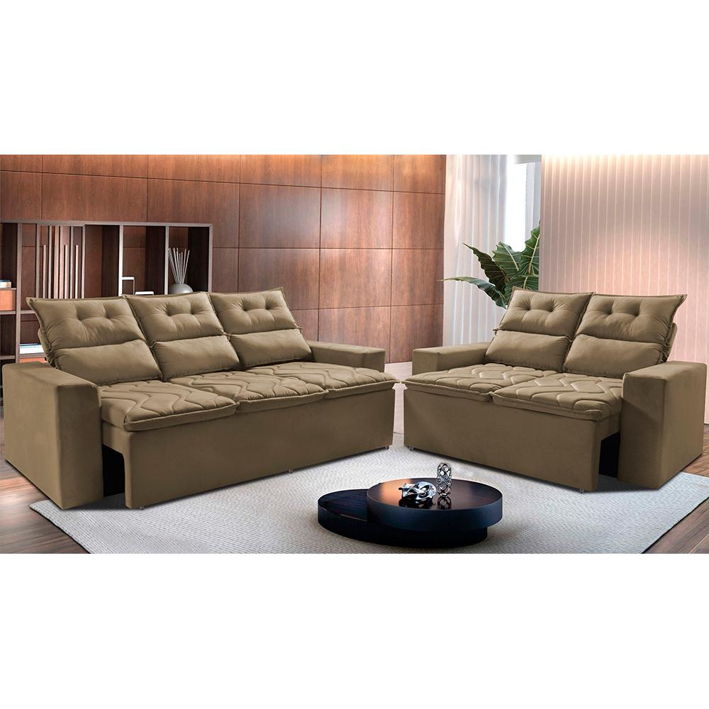 Conjunto De Sofá 3 E 2 Lugares Retrátil E Reclinável 2,00x1,50m Cama Inbox Smal Suede Castor