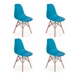 Conjunto 4 Cadeiras Charles Eames Eiffel Wood Base Madeira - Turquesa