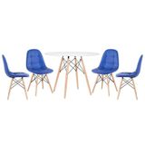 Mesa Redonda Eames 100 Cm Branco + 4 Cadeiras Estofadas Eiffel Botonê Azul Azul