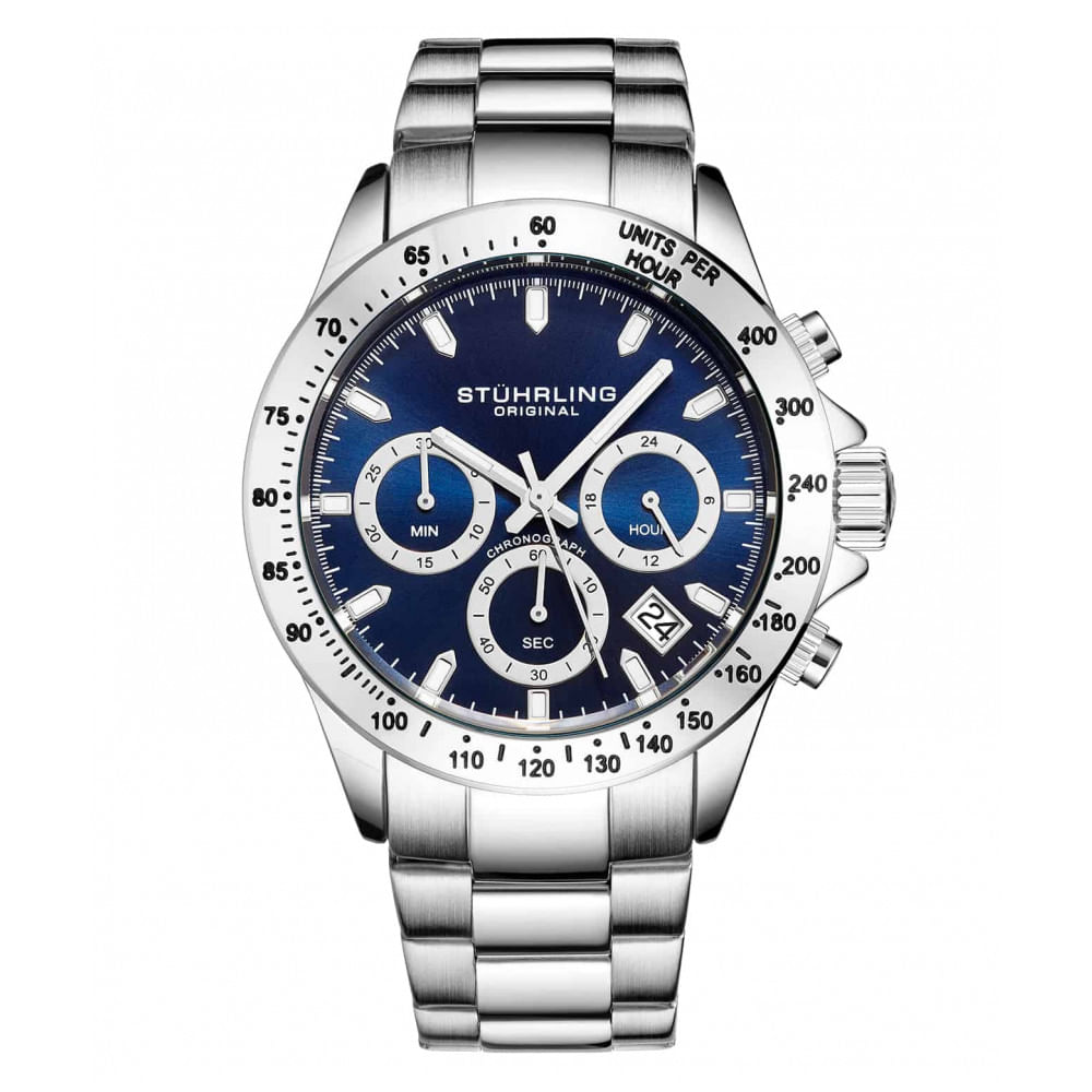 Relogio Masculino Stuhrling Ultima 3960 Quartzo 42mm Com Cronografo, Prata E Azul