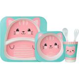 Kit Refeição Infantil Buba Bambu - 5 Peças - Gato Buba Rosa