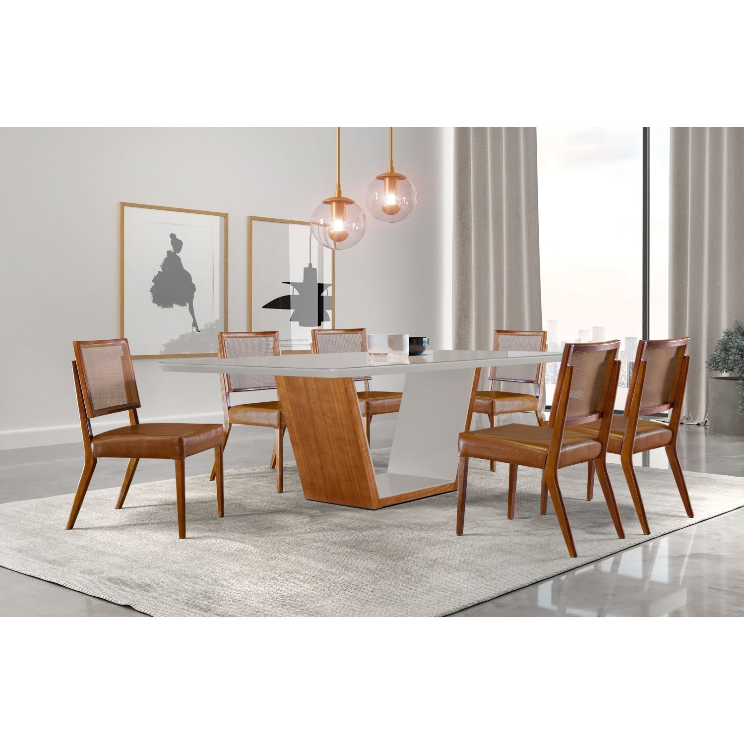 Mesa De Jantar Tampo De Madeira Medelim Com 6 Cadeiras Veneza Cinamomo Imbuia/off White