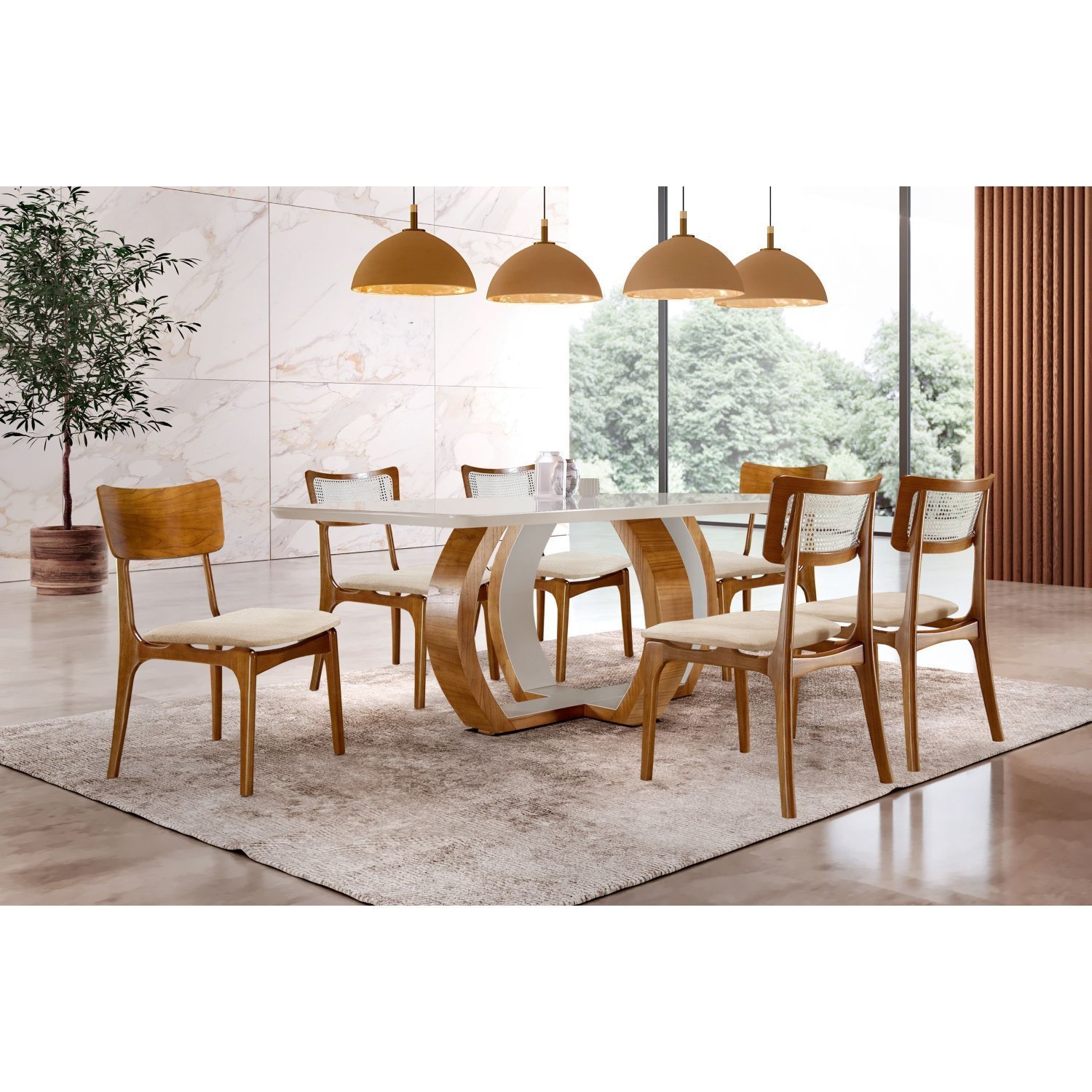 Mesa De Jantar Tampo De Madeira Topazio Com 6 Cadeiras Ravena Cinamomo Imbuia/off White