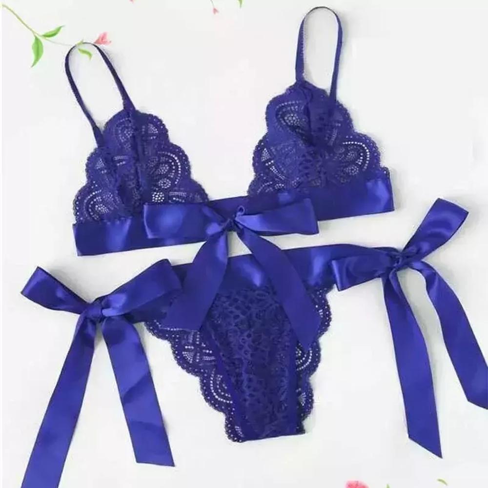 Conjunto Sutiã E Calcinha De Renda Transparente Elashopp Azul Gg Tamanho Único