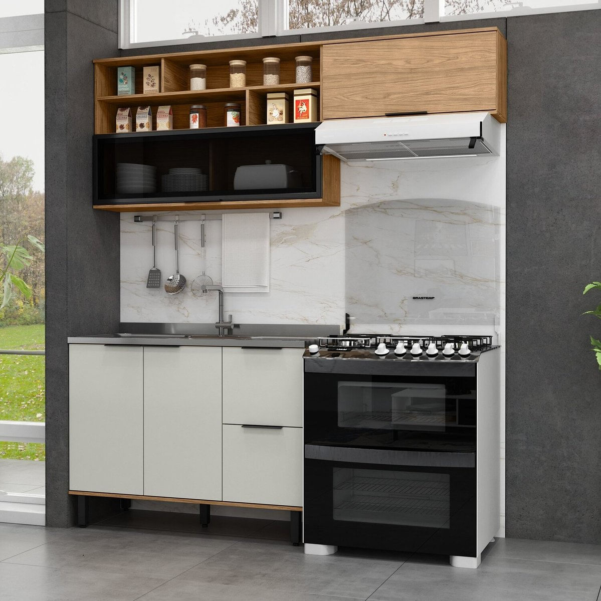 Cozinha Modulada 3 Peças Mdf Com Aéreo 1200cm Porta De Vidro Basculante Toscana Freijó/off White