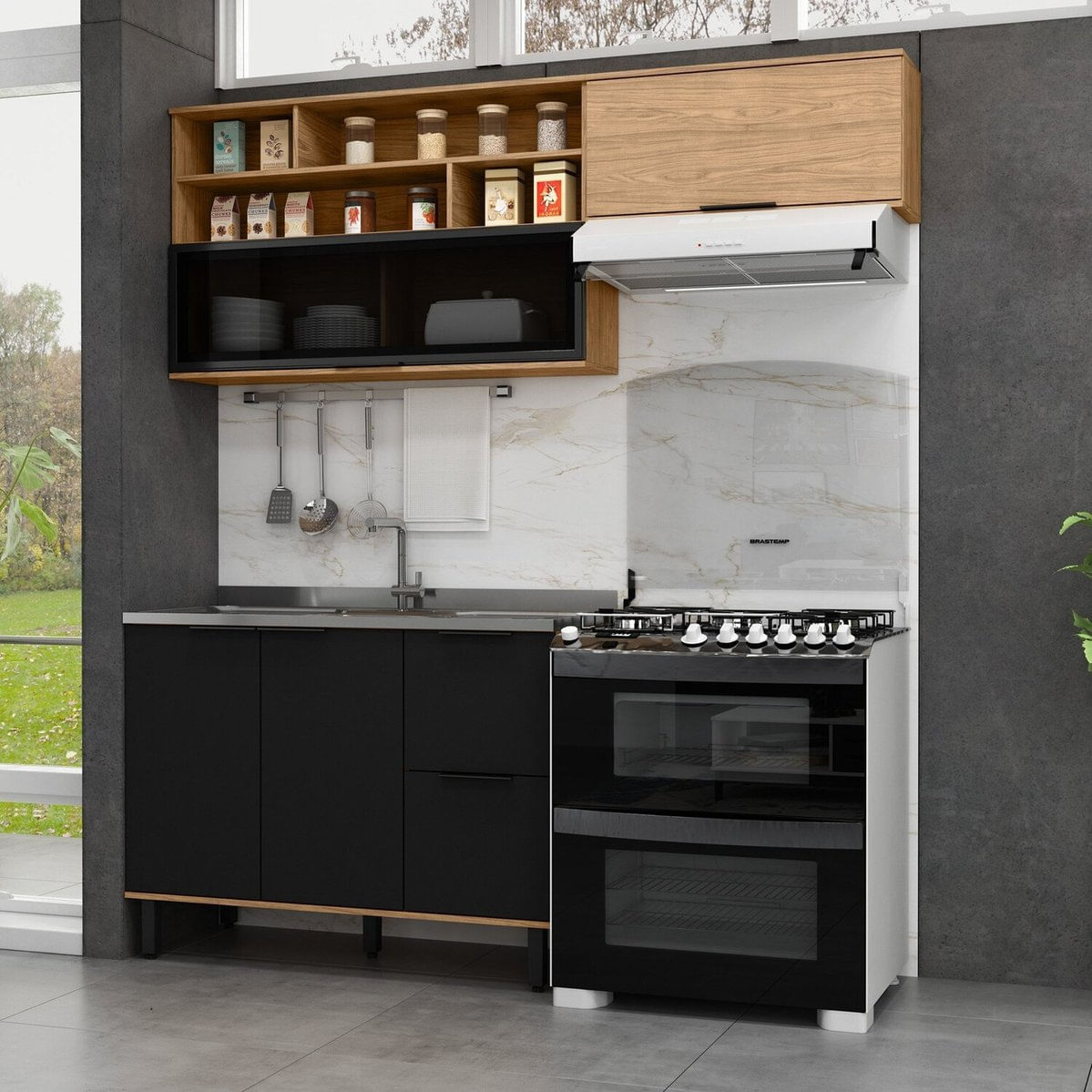 Cozinha Modulada 3 Peças Mdf Com Aéreo 1200cm Porta De Vidro Basculante Toscana Freijó/nero