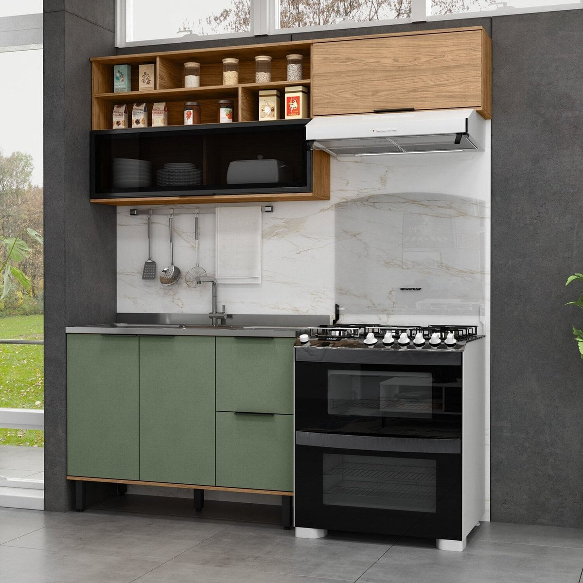 Cozinha Modulada 3 Peças Mdf Com Aéreo 1200cm Porta De Vidro Basculante Toscana Freijó/jade