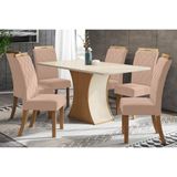 Sala De Jantar Completa Tampo Madeirado C- Vidro 160x90cm E 6 Cadeiras Nature-veludo Light Linho