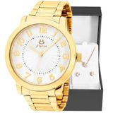 Relogio Feminino Inox Dourado Aço + Colar + Brincos + Caixa Qualidade Premium Social Strass Moda