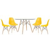 Mesa Redonda Eames Com Tampo De Vidro 120 Cm + 4 Cadeiras Eiffel Dsw Amarelo Amarelo
