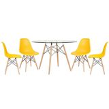 Mesa Redonda Eames Com Tampo De Vidro 120 Cm + 4 Cadeiras Eiffel Dsw Amarelo Amarelo