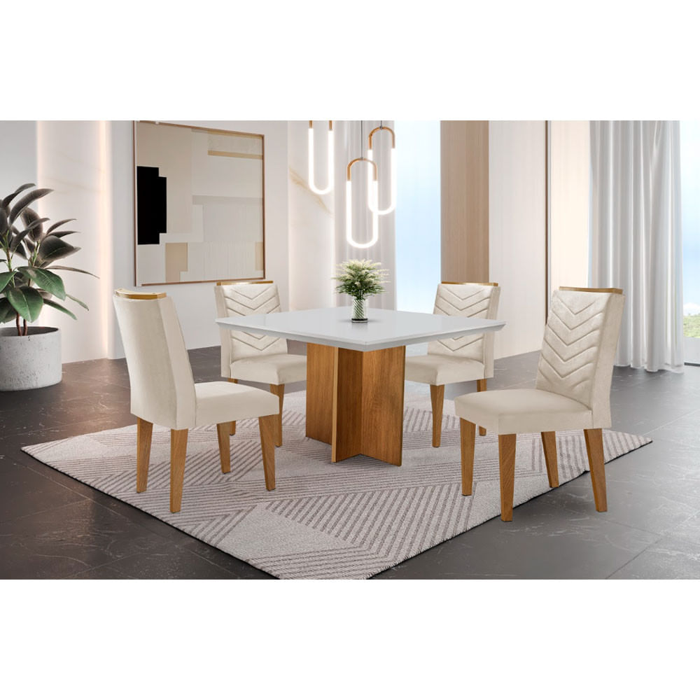 Conjunto Sala De Jantar Mesa Olímpia 90cm Mdf Canto Reto E 4 Cadeiras Liz Moderna