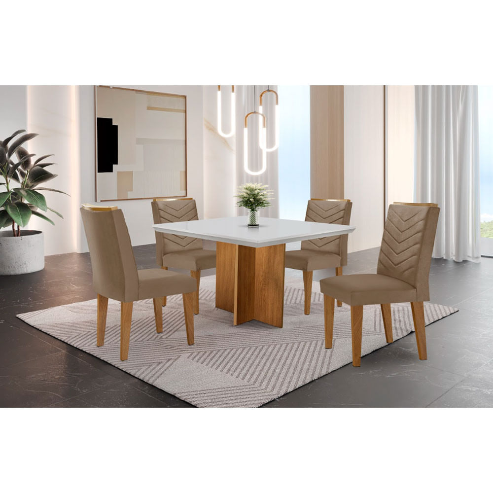 Conjunto Sala De Jantar Mesa Olímpia 90cm Mdf Canto Reto E 4 Cadeiras Liz Moderna