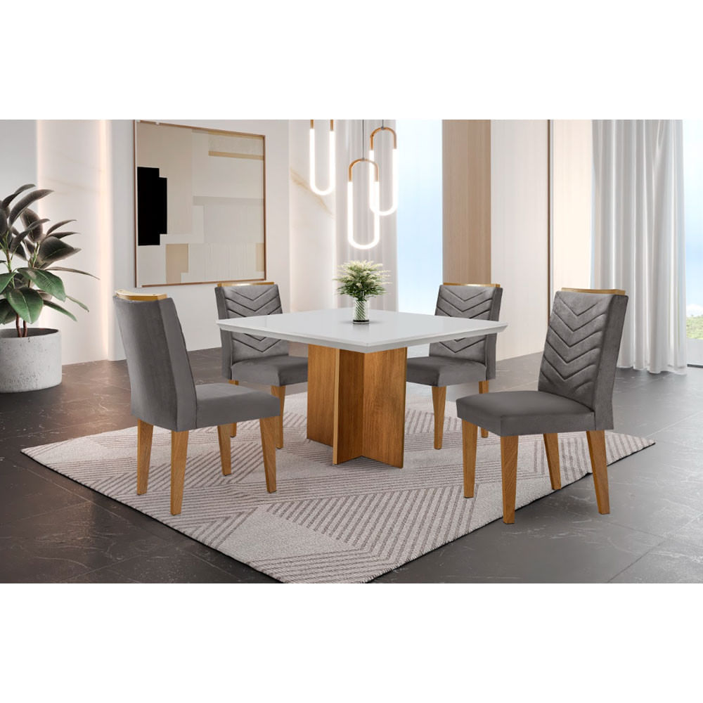 Conjunto Sala De Jantar Mesa Olímpia 90cm Mdf Canto Reto E 4 Cadeiras Liz Moderna