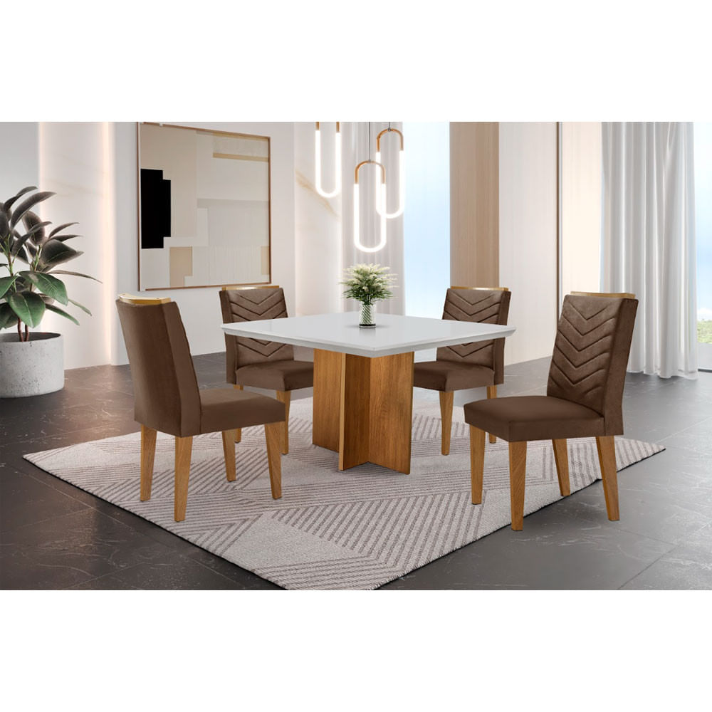 Conjunto Sala De Jantar Mesa Olímpia 90cm Mdf Canto Reto E 4 Cadeiras Liz Moderna