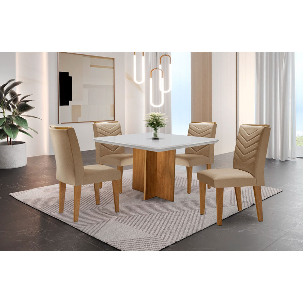 Conjunto Sala De Jantar Mesa Olímpia 90cm Mdf Canto Reto E 4 Cadeiras Liz Moderna