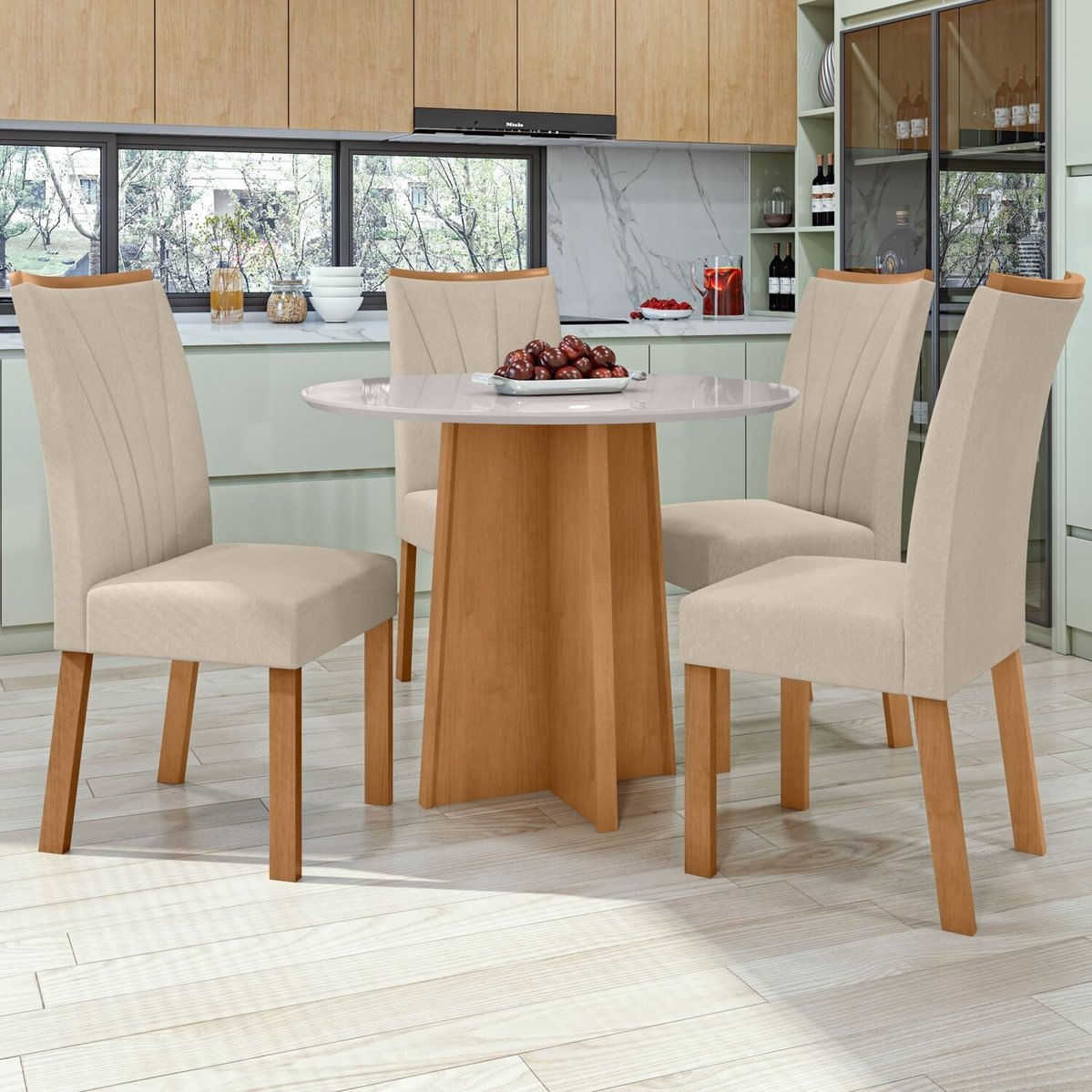 Conjunto Mesa 100cm Celebrare Com Vidro Redonda E 4 Cadeiras Apogeu Amêndoa Clean/off White/naturale Creme