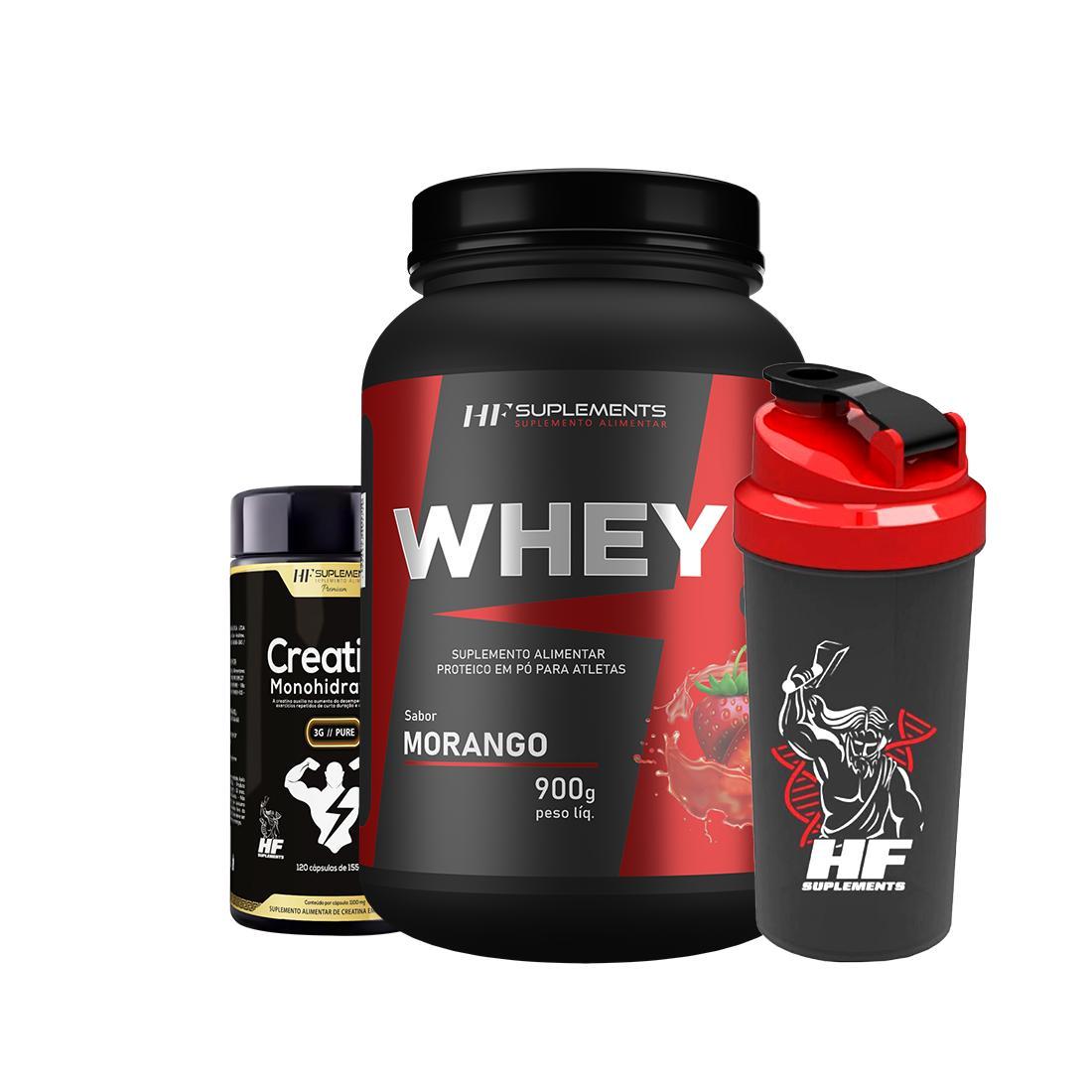 Whey Protein Morango 900g + Creatina 3g 120caps Pura + Coq