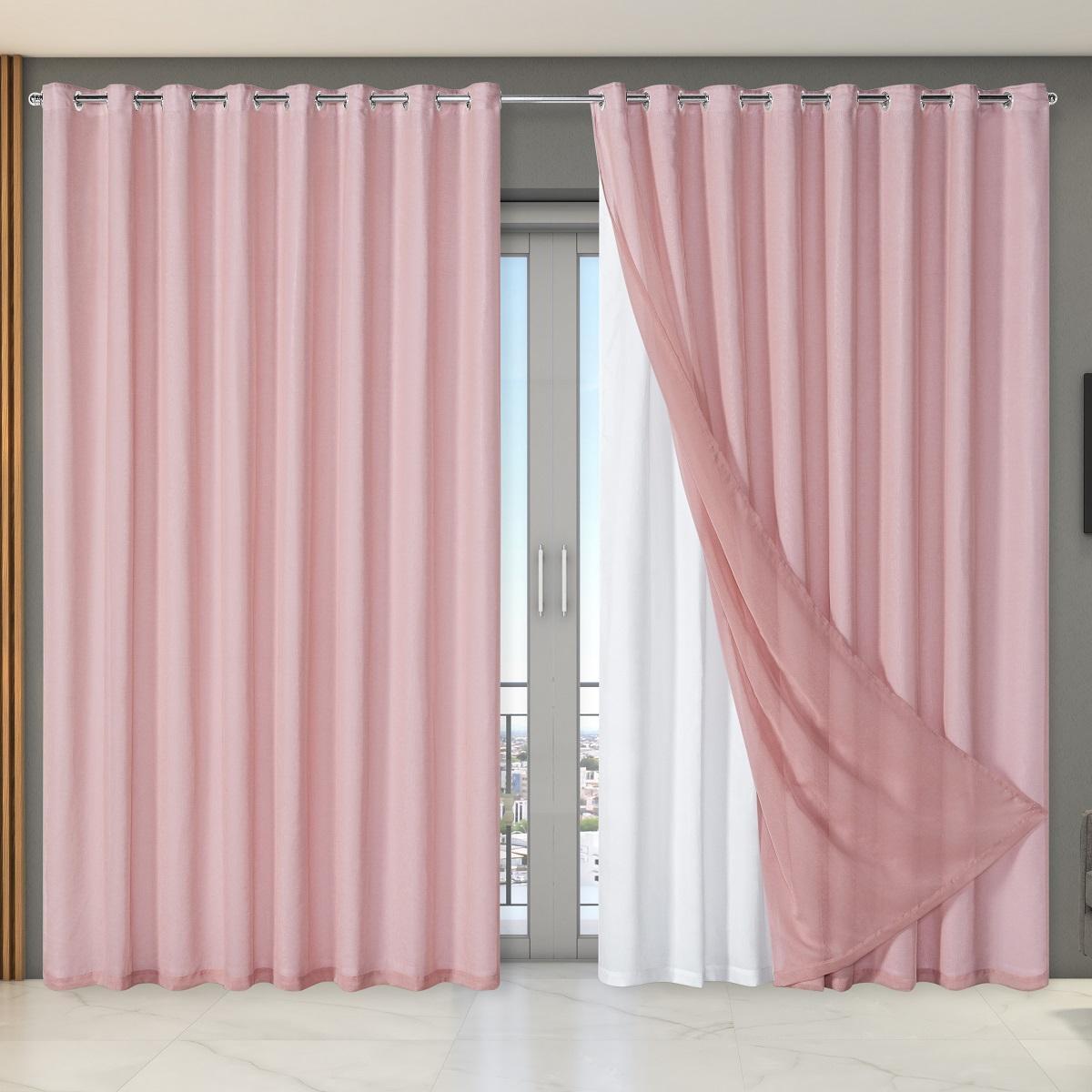 Cortina Dual Forro Voil Gaze Belga 2,70m X 2,30m Rosa