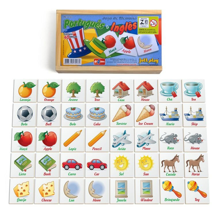 Jogo Memória Educativo 40 Peças Inglês/português Mdf 22cm