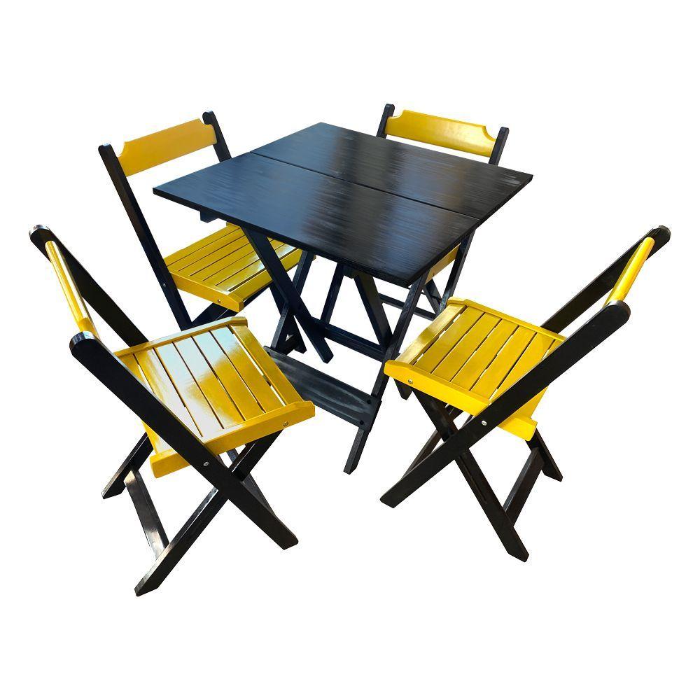 Mesa De Madeira Dobrável Preto 70x70 Com 4 Cadeiras Dobráveis Amarelo - Amarelo