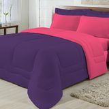 Edredom Casal Queen Dupla Face 05 Peças Pink com Roxo