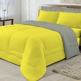 Edredom Casal Queen Dupla Face 05 Peças Amarelo com Cinza