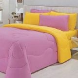 Edredom Dupla Face Queen Size Algodão Rosa com Amarelo
